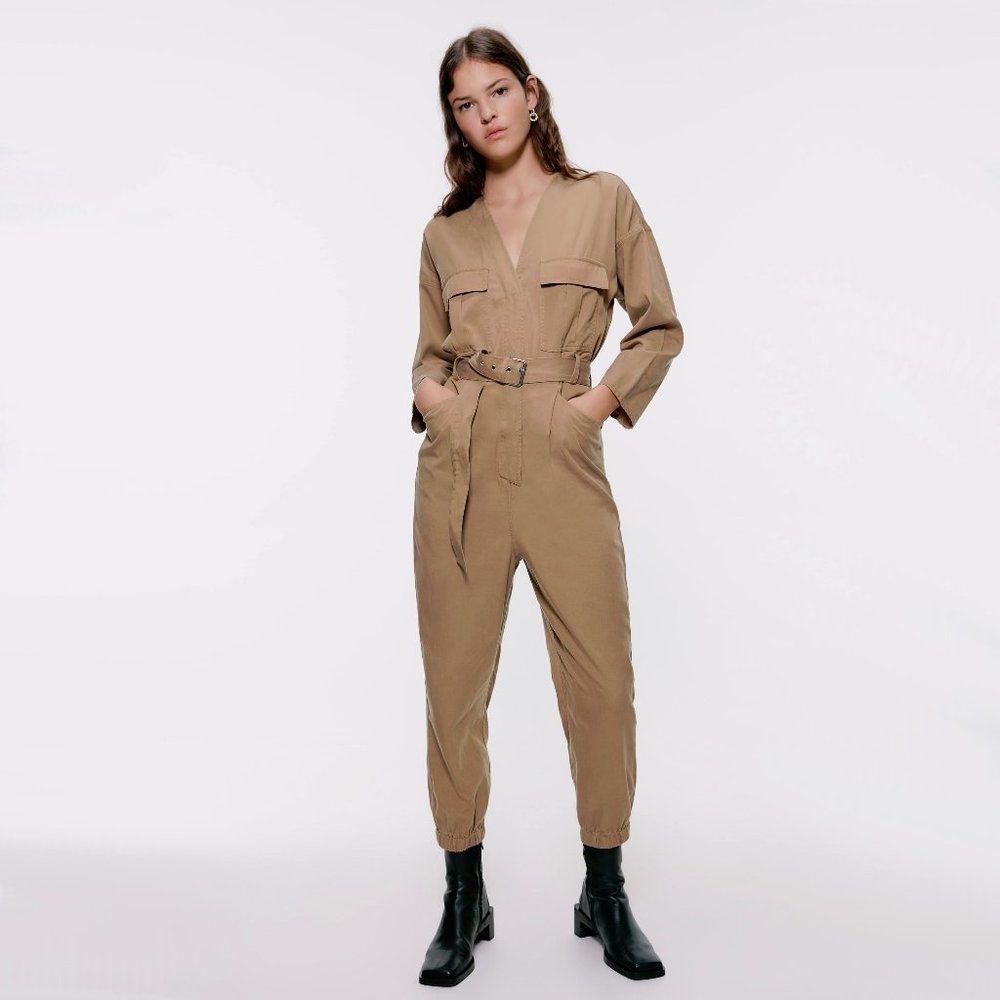 NWOT Zara belted tan brown khaki cotton blend cargo utility jumpsuit, S